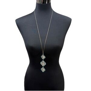 Long Beaded Rhinestone Statement Pendant Necklace Silver Chain Jewelry 20 in L